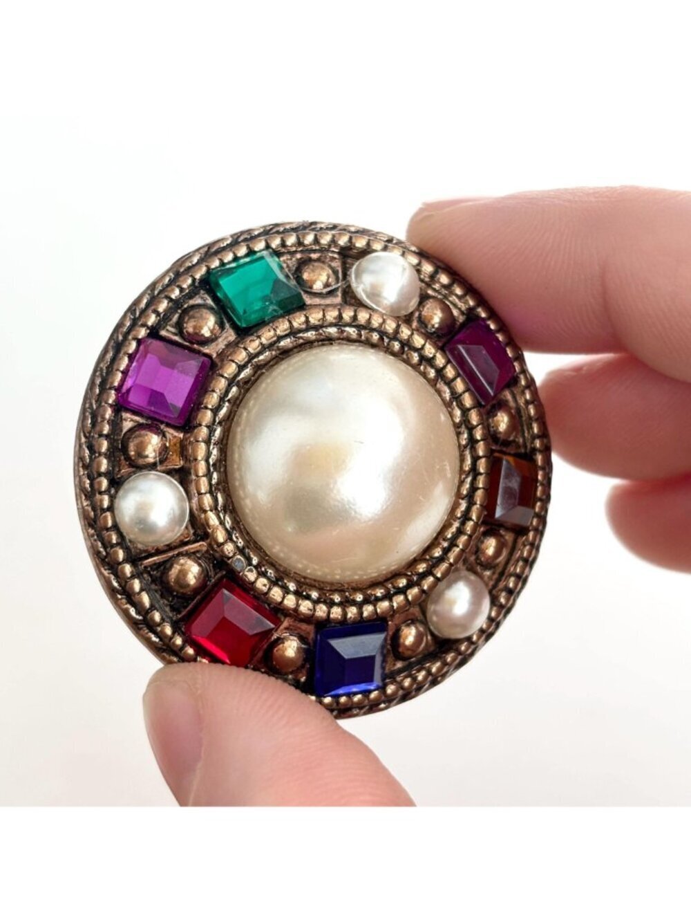 Rainbow Rhinestone Faux Pearl Colorful 80's Vintage Costume Jewelry Brooch - Picture 9 of 10